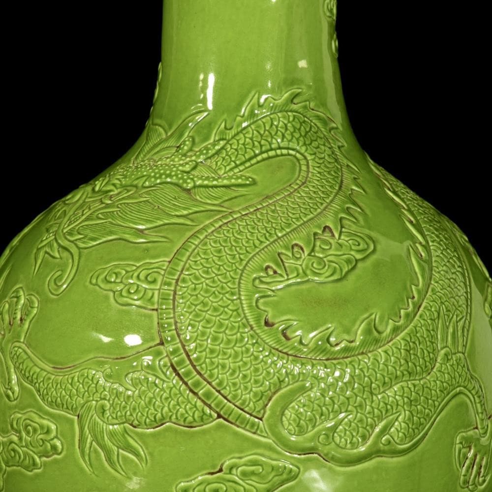 33CM Qianlong Signed Old Chinese Apple Green Vase W/dragon U1325 6