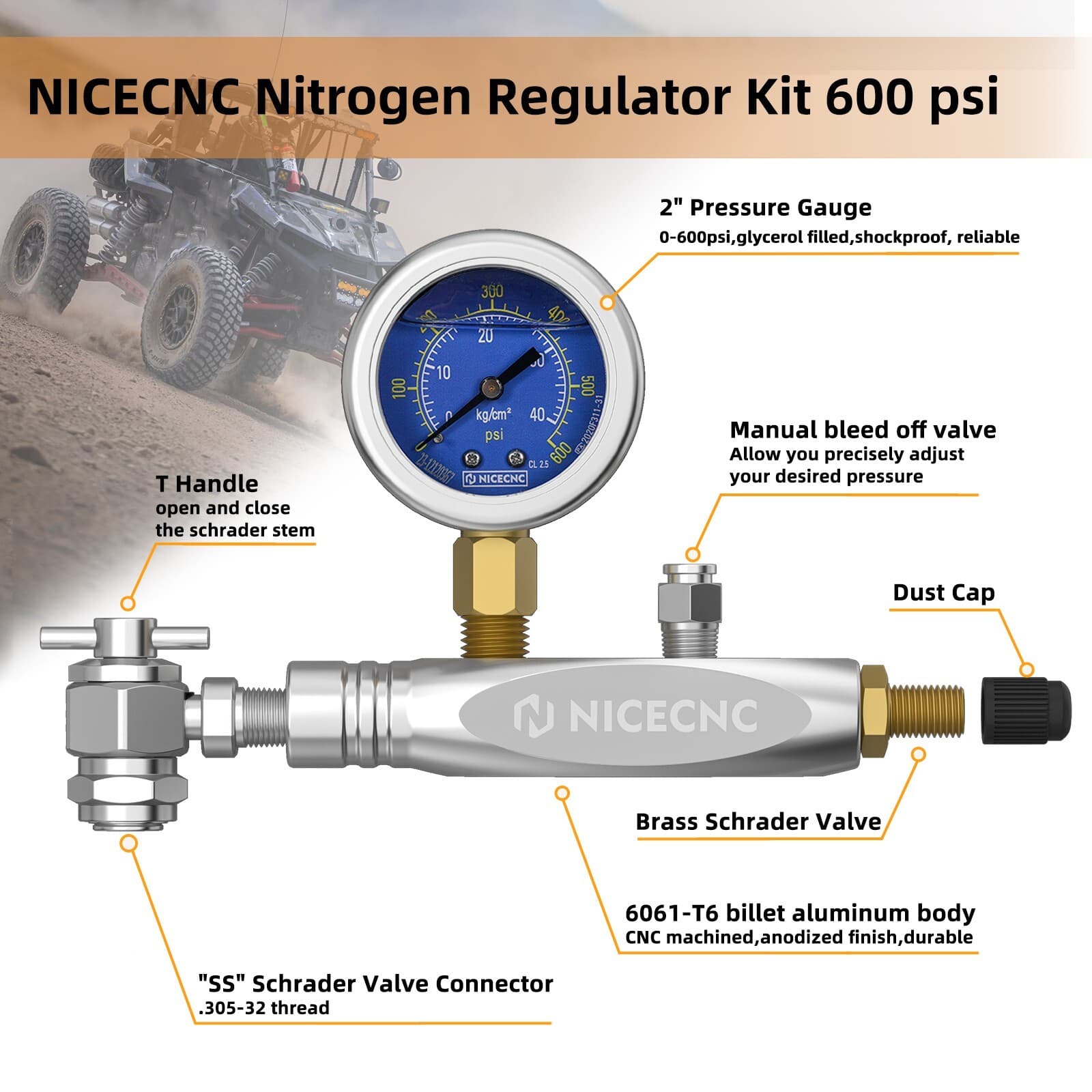 NICECNC Nitrogen Regulator Kit 600 psi No Loss Chuck For Schrader Valve Shock 5