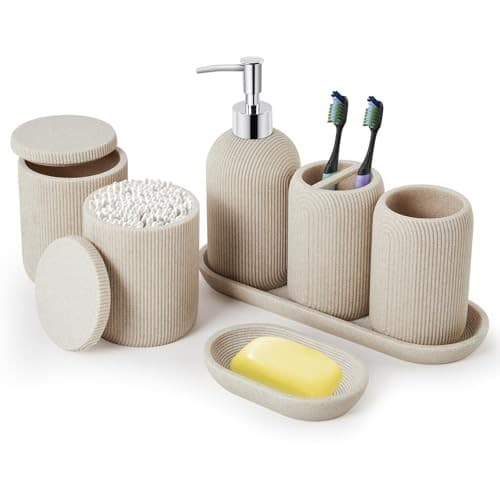 Bathroom Accessories Set - 7-Piece Resin Bathroom Set, Complete Set Beige 2