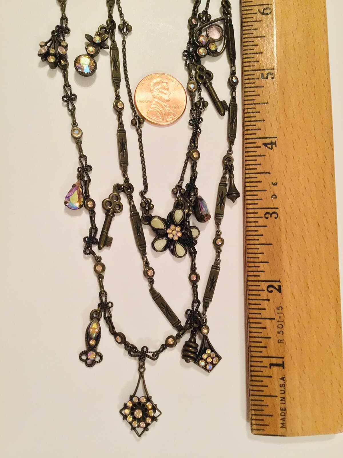 Sorrelli RARE Long 3 Strand Keys Flowers Charms Pastel Crystal Necklace Fabulous 6