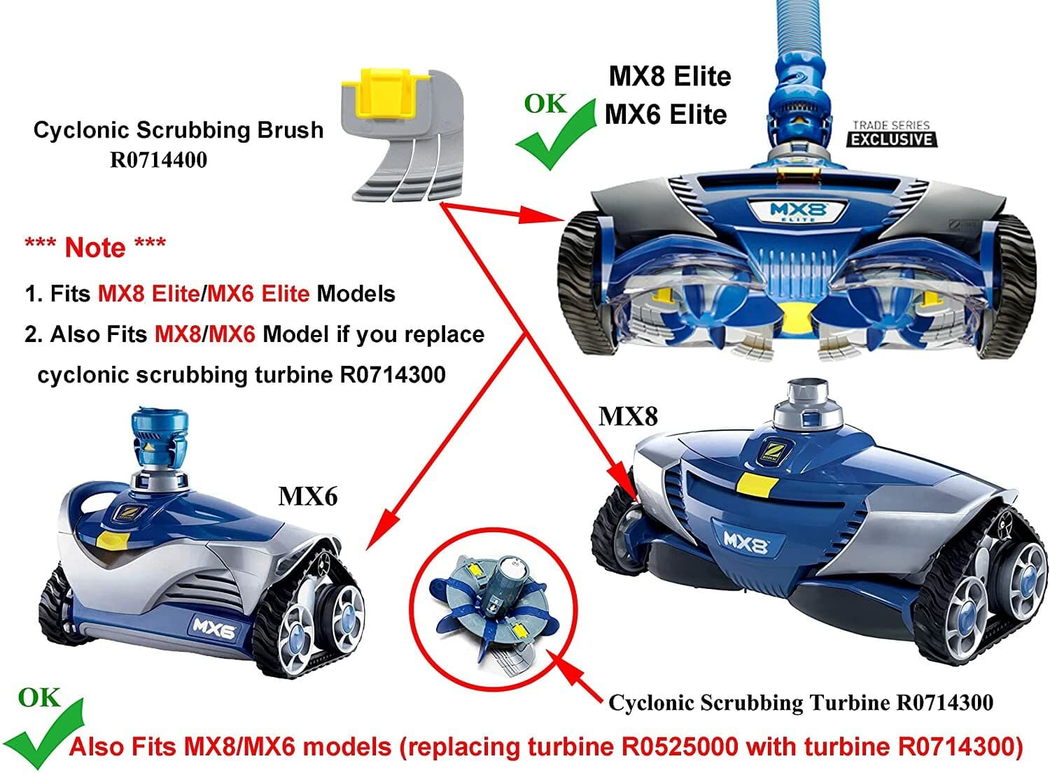 4 Pack Cyclonic Scrubbing Brush R0714400 For Zodiac MX8 MX6 Elite Pool Cleaner  3