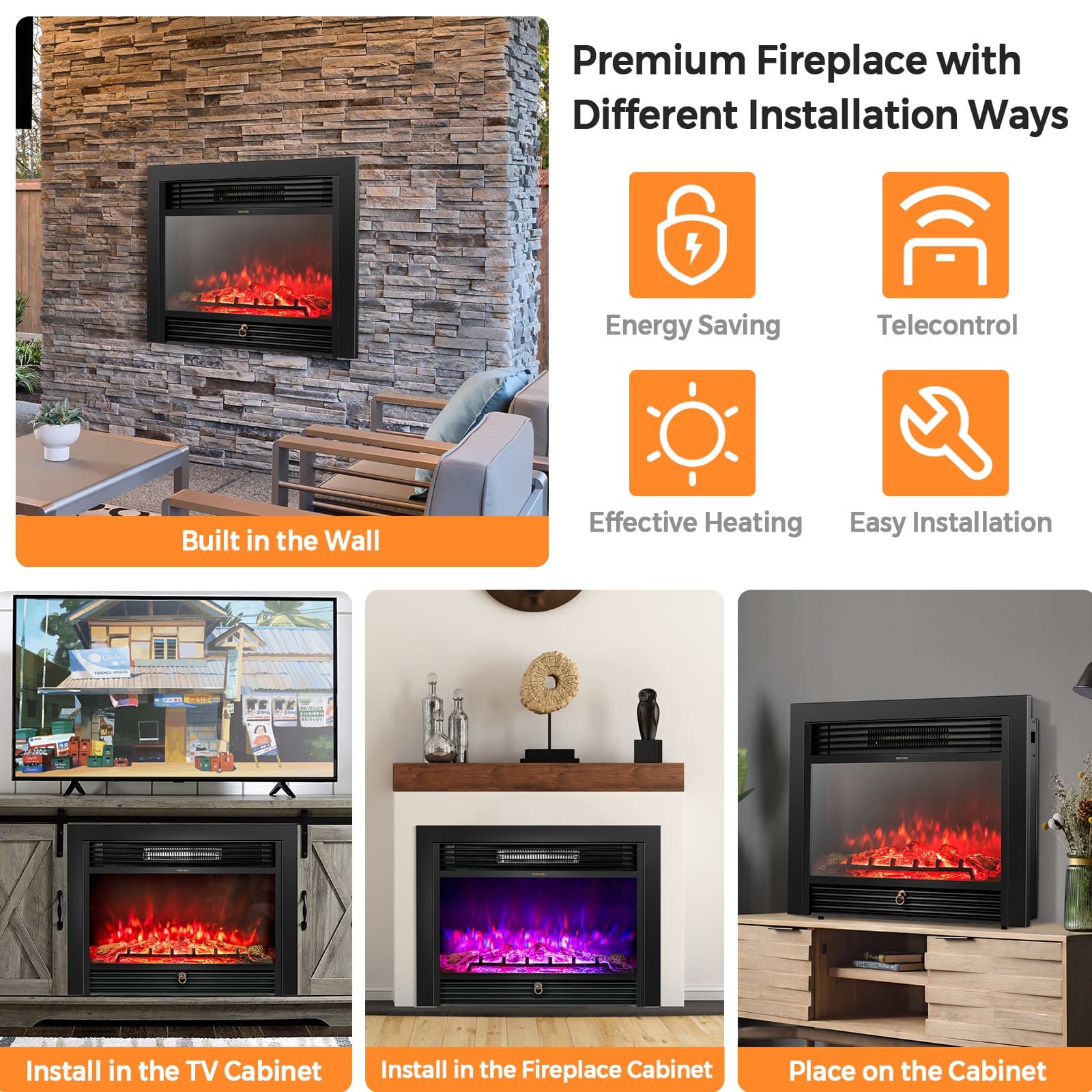 28.5" Fireplace Electric Embedded Insert Heater Glass Log Flame Remote 6