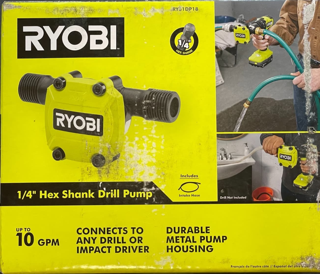 RYOBI 1/4" Hex Shank Drill Water Pump With Intake Hose