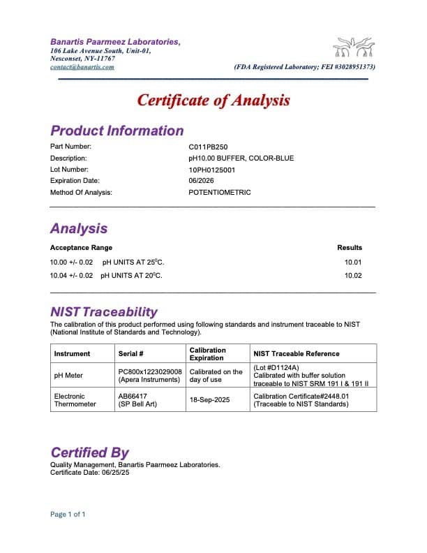 pH Buffer Calibration Solution pH 10.00, Certified & NIST Traceable (3x250mL) 2