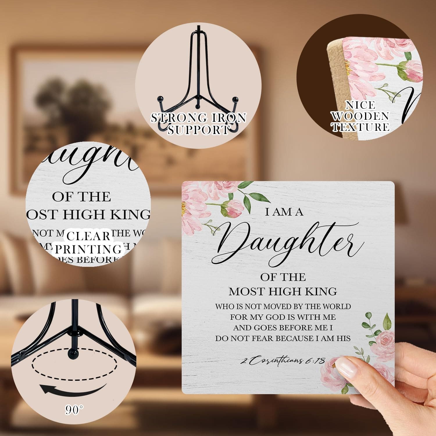 Christian Wooden Desk Sign, I Am a Daughter of the King Bible Verse Religious Wo 3