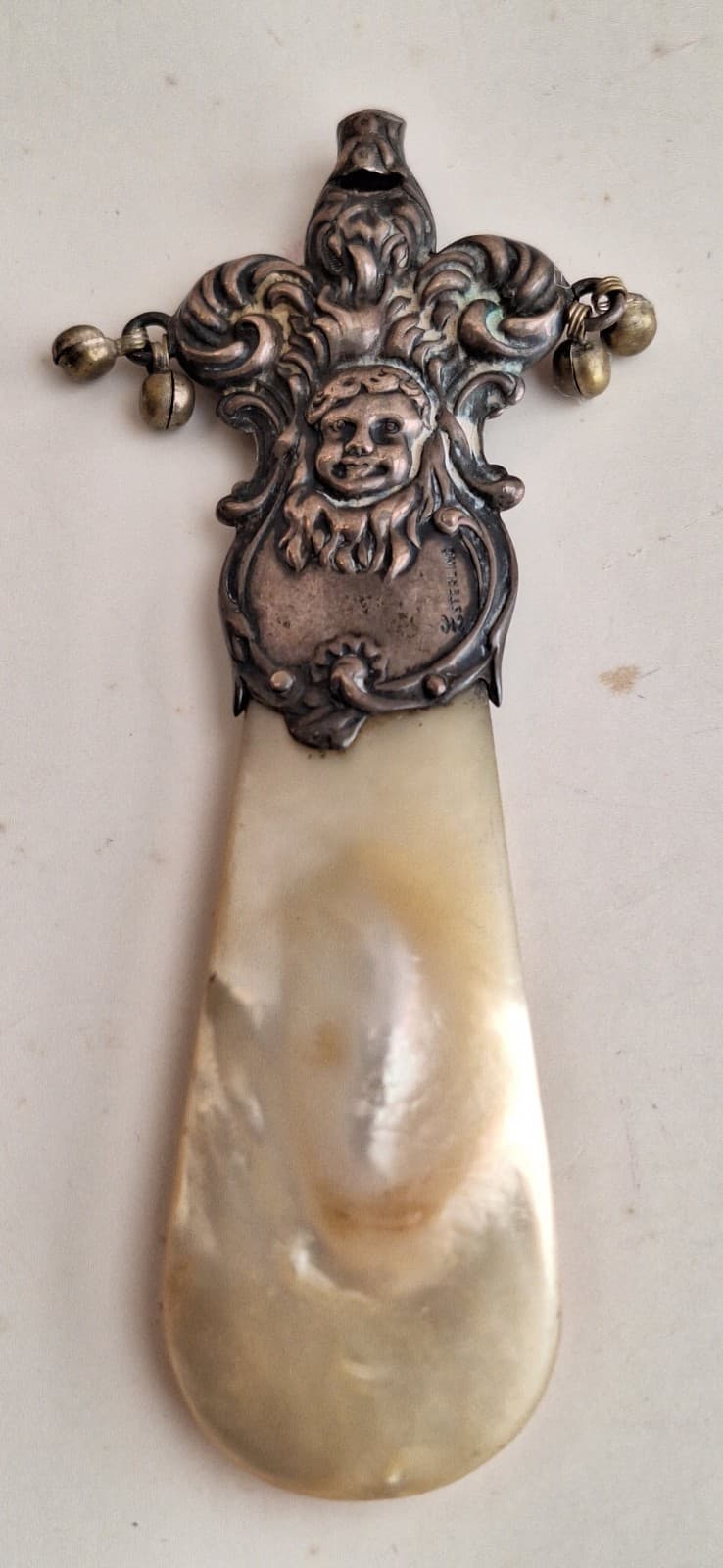 Antique Fancy Baby Rattle w/t Nanny Whistle & Mother of Pearl Teething Ring