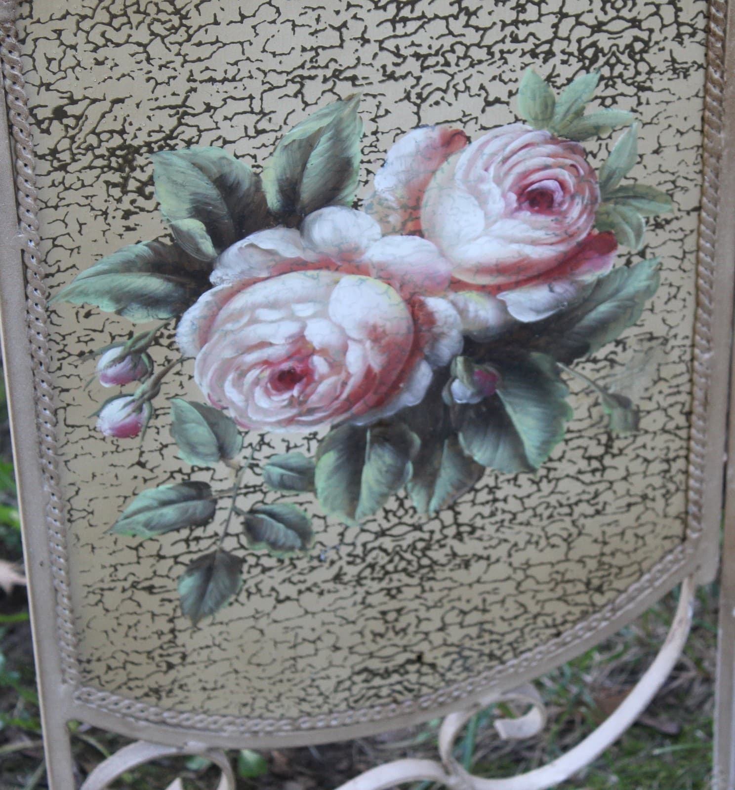 Fireplace Screen Vintage GUC 3-Panel Floral Hand-Painted Metal 48" W x 33 1/2" T 6