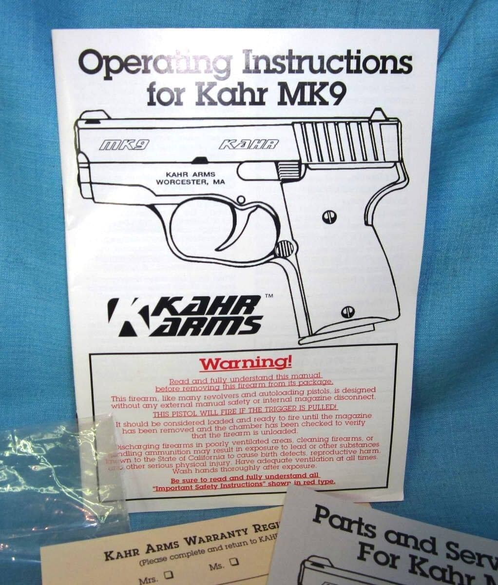 KAHR MK9 Original Owners Instruction Safety Manual & Papers - dated 1997 2