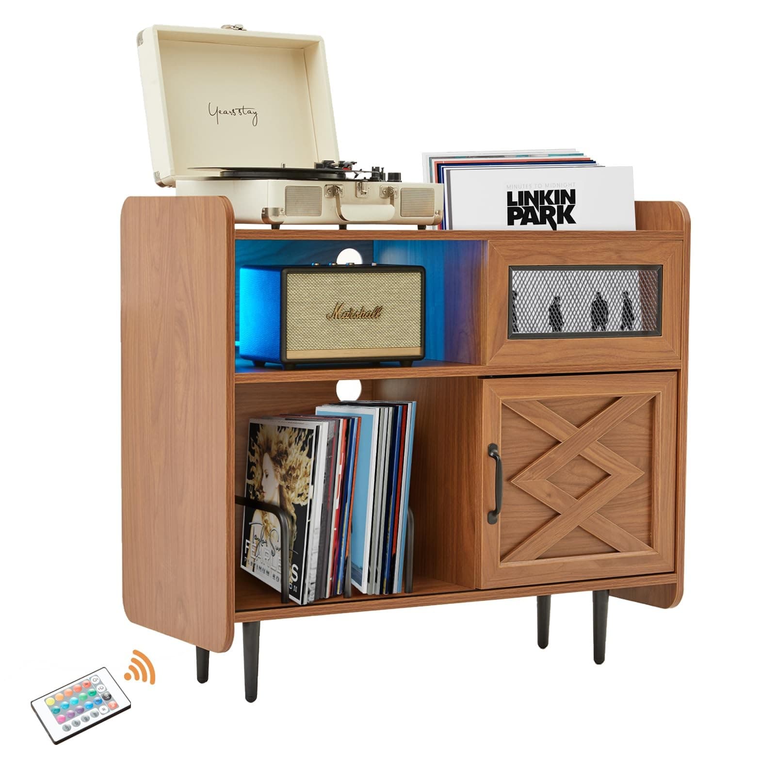 Modern Vinyl Record Player Stand with Built-in Charging Hub & RGB Lighting