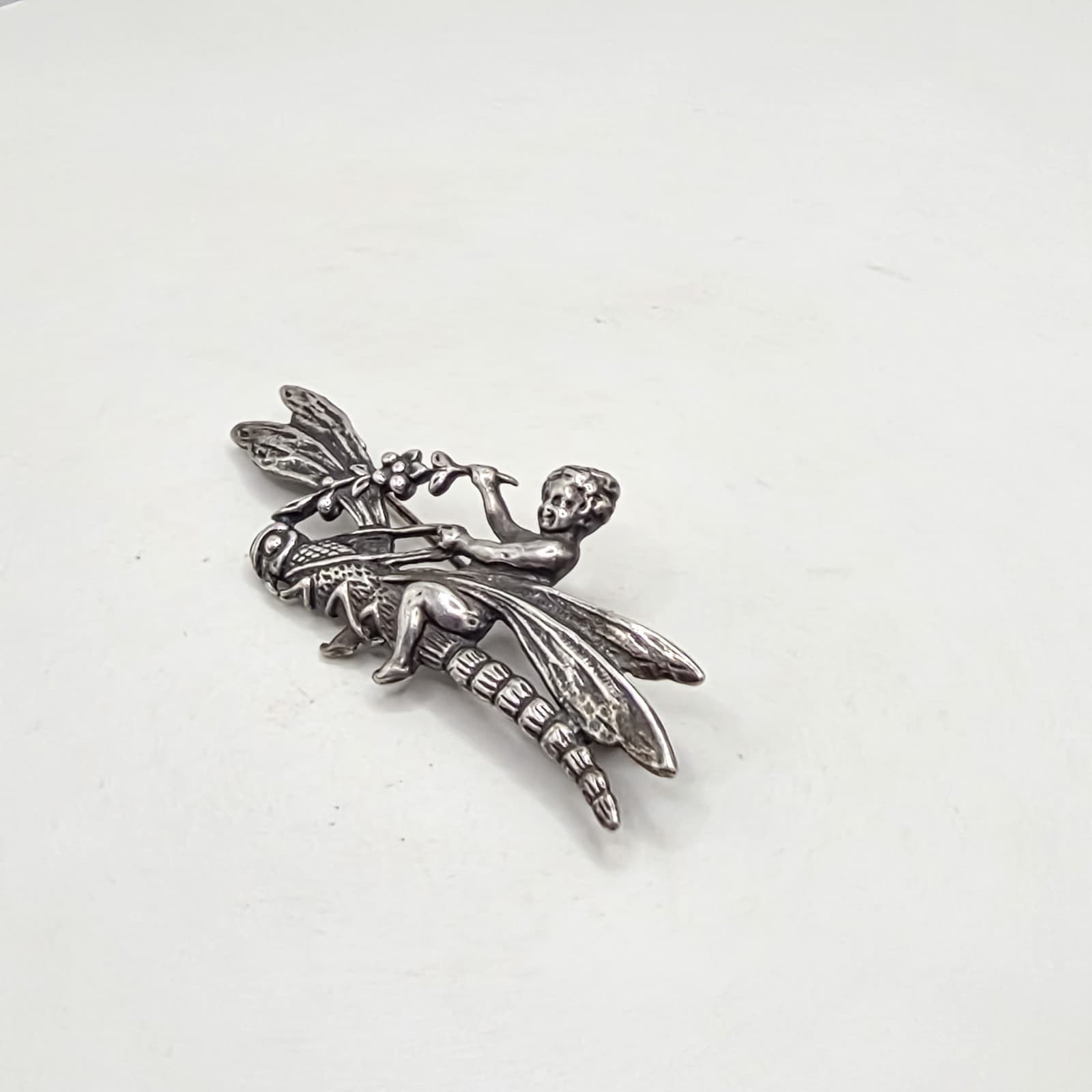 Sterling Silver 925 Art Nouveau Style Fairy Cherub Dragonfly 1.75" Brooch Pin 4