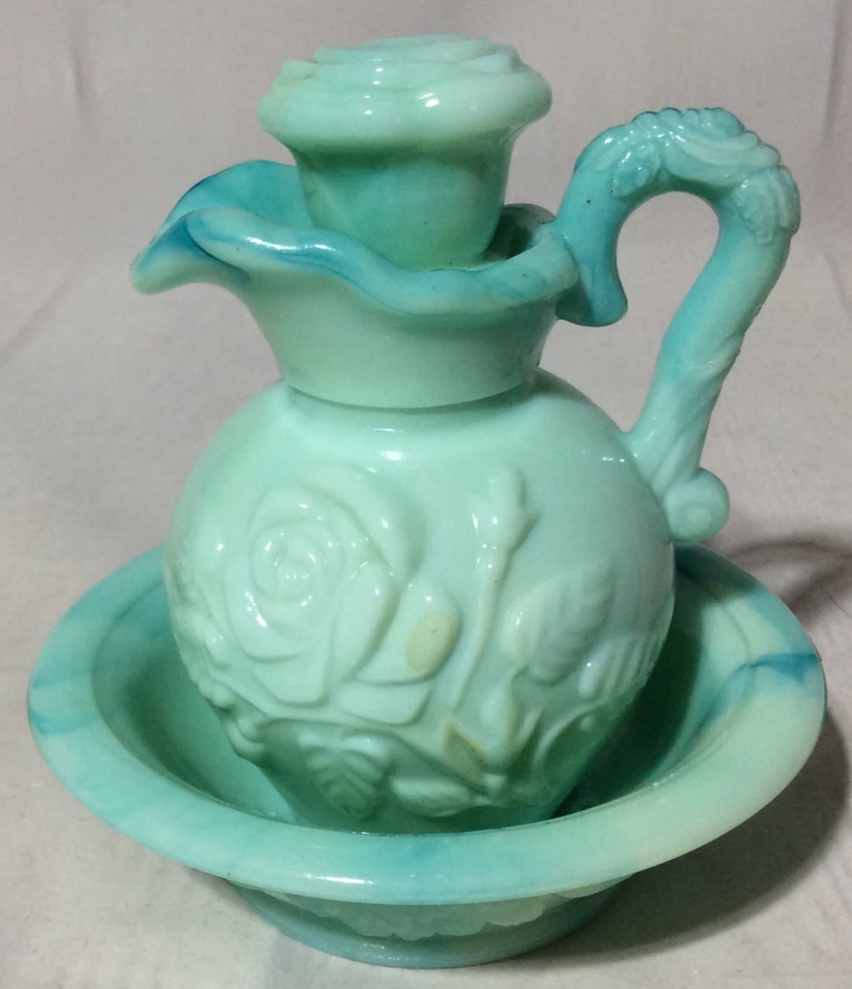 🌹 1970s AVON VANITY SET Jadeite Teal with Bowl Soap Dish & Powder Sachet Jar 🌹 5