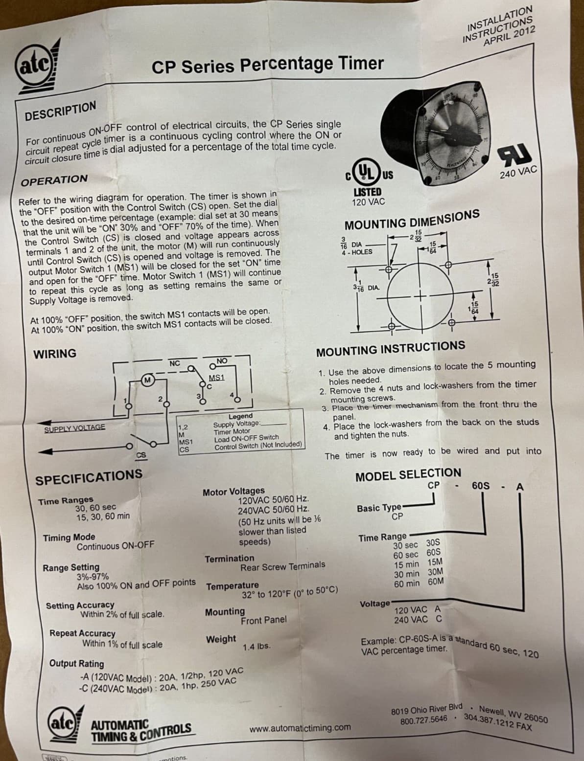 ATC TENOR, CP-15M-A, 15MIN TIMER PERCENTAGE CONTROL, 120/60. MAKE OFFER! 5