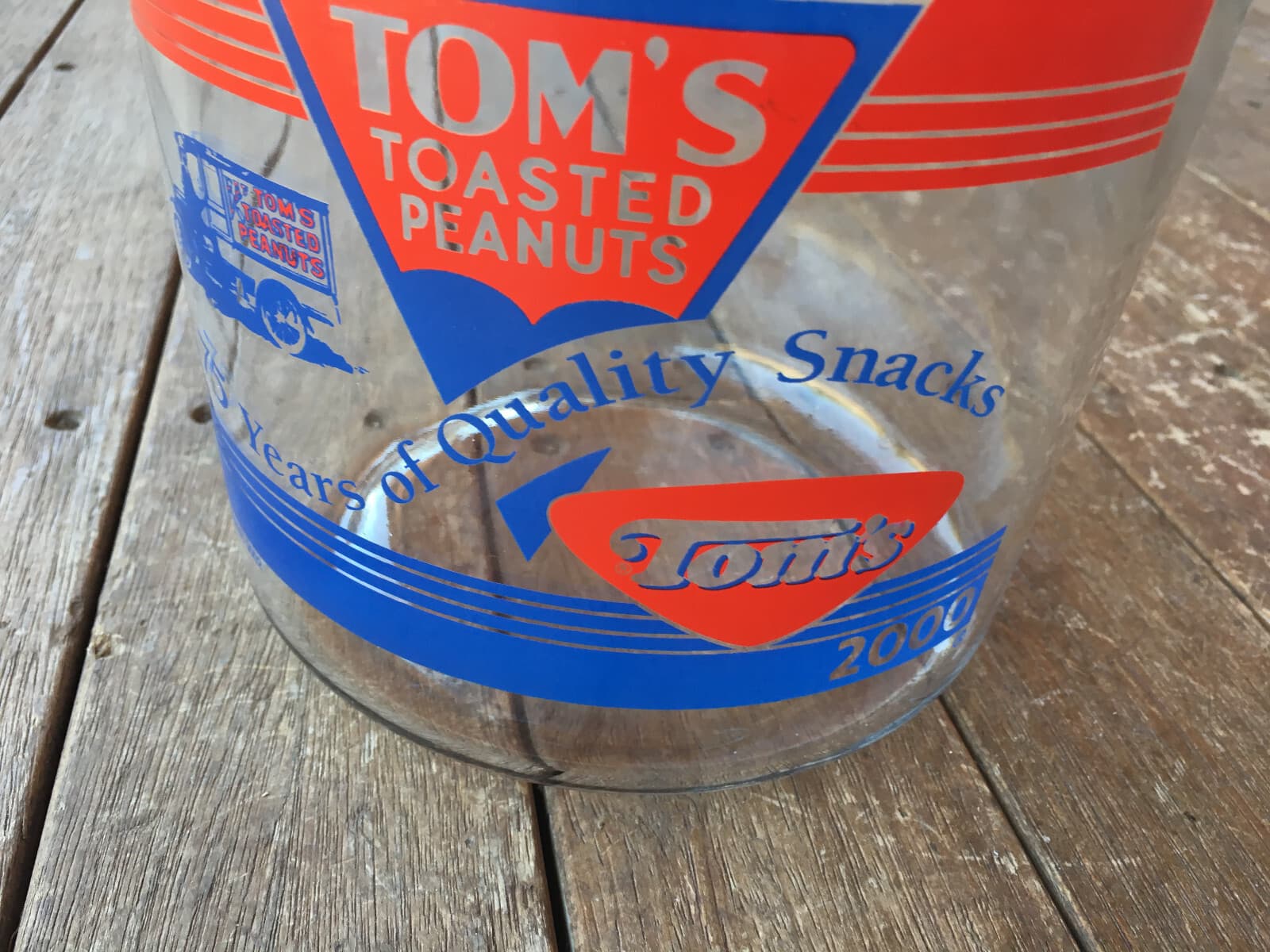 VINTAGE TOM'S SNACKS TOASTED PEANUTS 1925 -2000 JAR CONTAINER 2