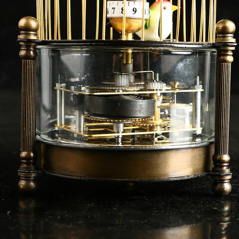 Exquisite Brass Mechanical clock -birdcage shape two bird Aroud Moving 5