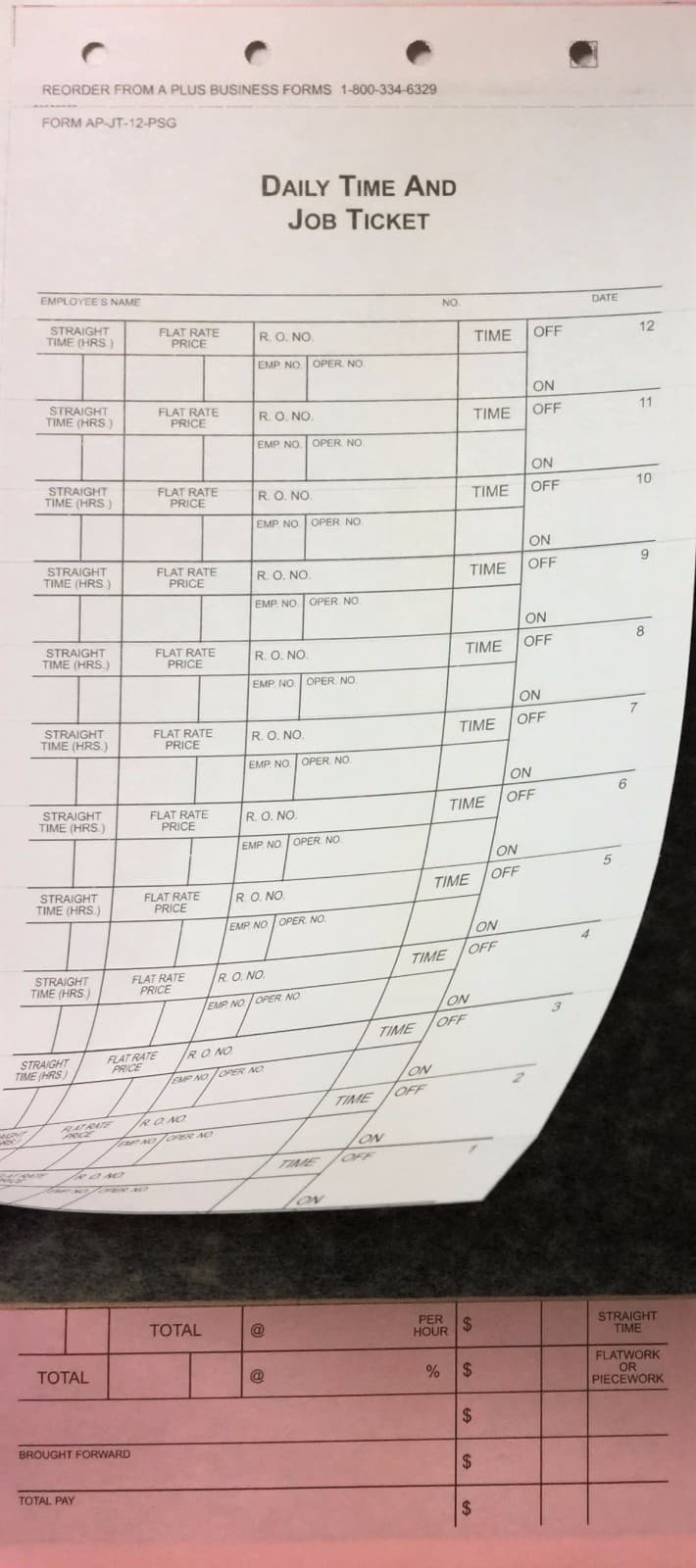 Mechanic's Daily Time & Job Tickets • JT-12 Flag Sheets • Qty. 500 • (V2) 2