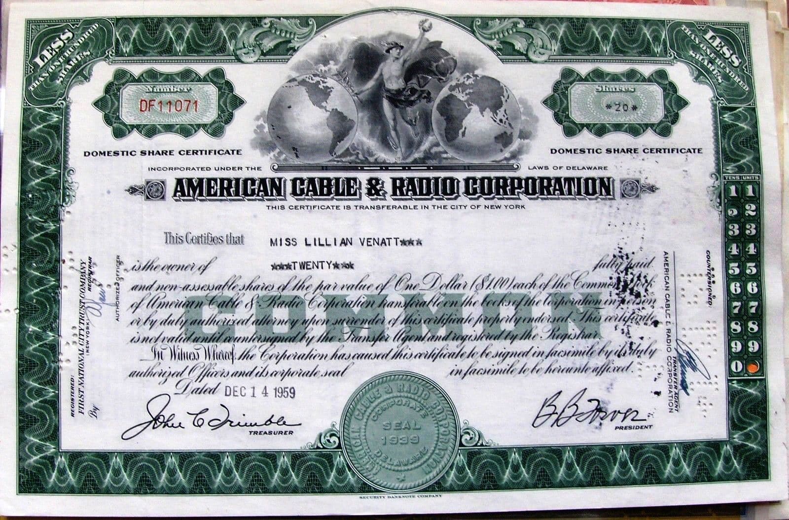 Stock Certificate American Cable & Radio Corporation New York state green