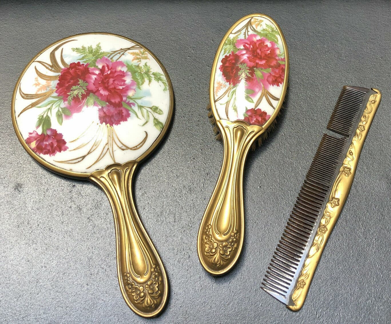 Art Noveau Antique Brush Hand Mirror Comb Set 1905 Porcelain Roses Gold Tone
