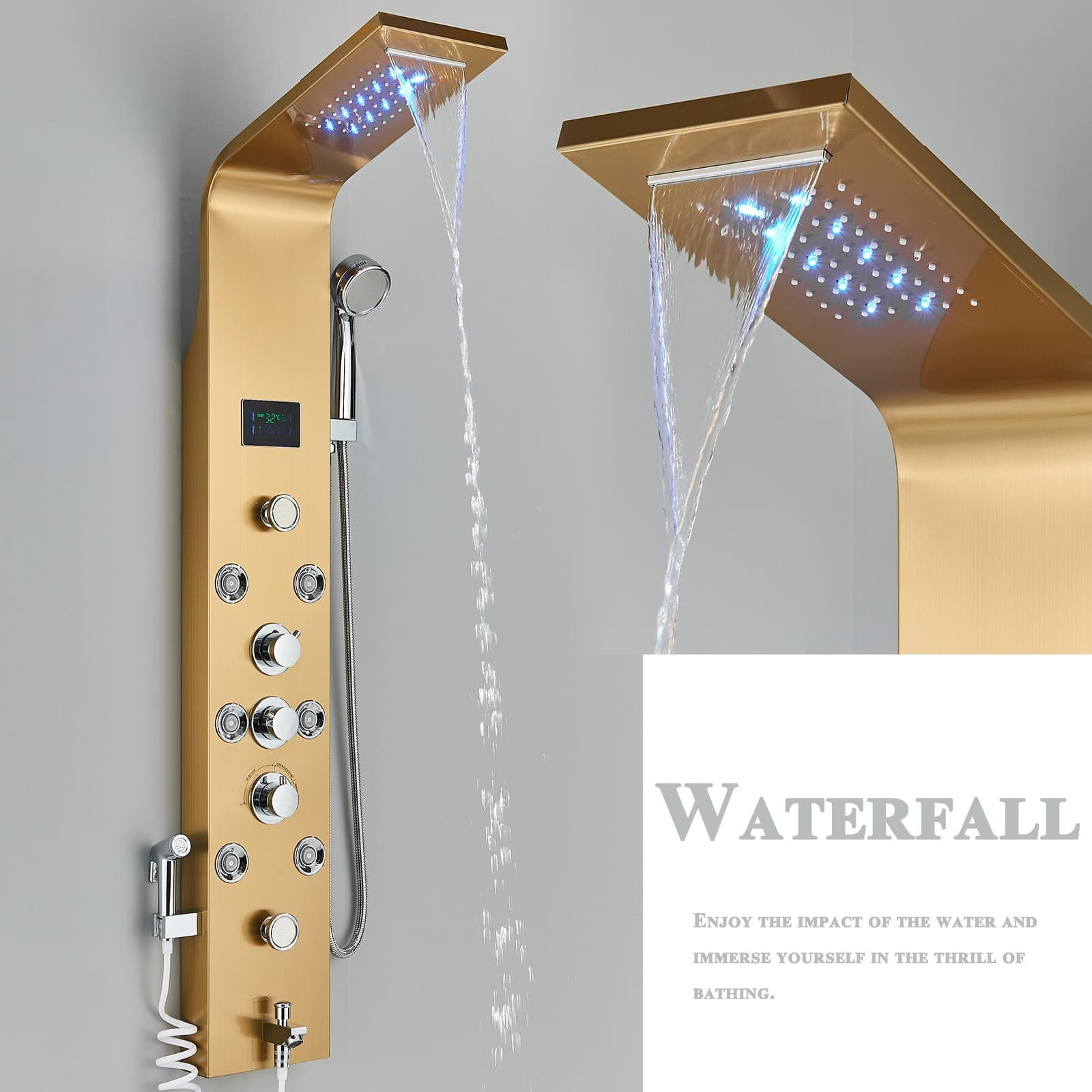 Gold LED Shower Panel Tower Rain Waterfall Massage Jets System Stainless Steel 4