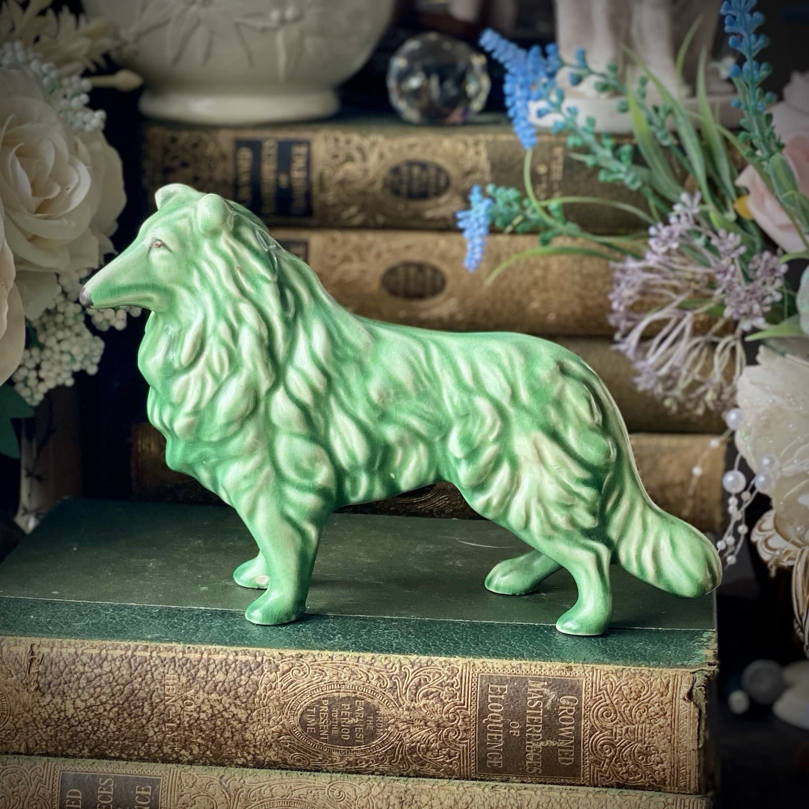 SylvaC Rough Collie Dog Green Figurine #1548 Vintage Excellent  2