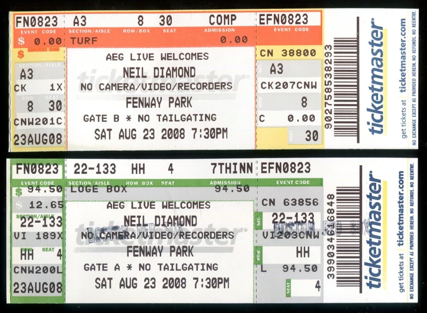 2008 Aug 23rd Neil Diamond Fenway Park Boston 2 Concert Tickets Sweet Caroline