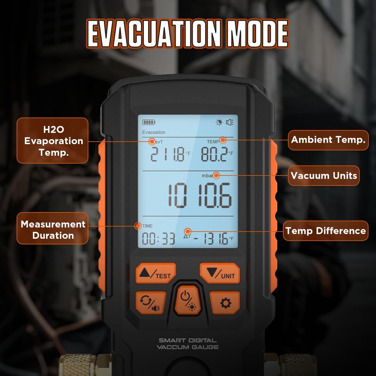 Digital Vacuum Gauge HVAC Vacuum Meter Evacuation Pressure Leak Test ±0.2% 1/4" 5