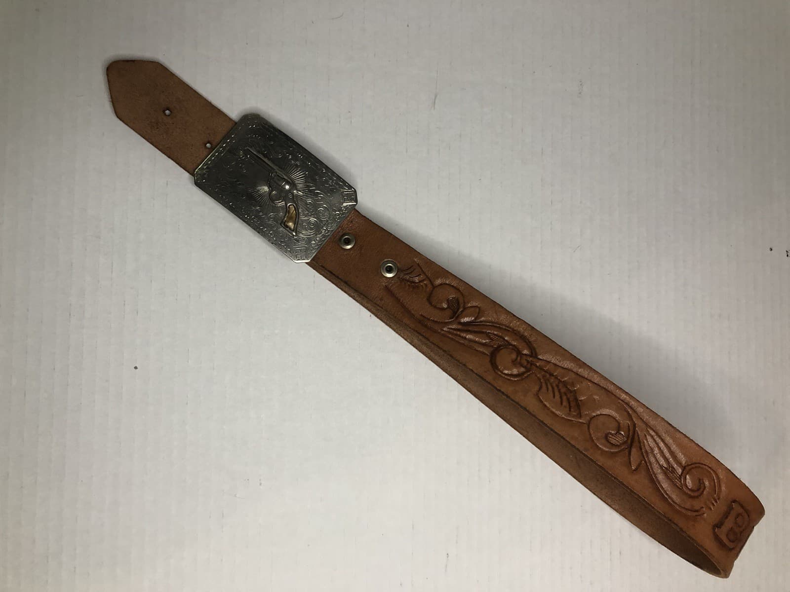 Vintage Tan Leather Belt Hand-Tooled Vine Paisley “BRENDA”  Metal Buckle 4