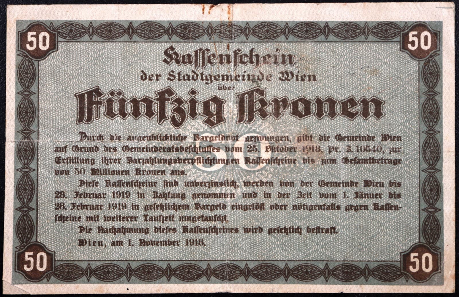 WIEN / VIENNA 1918 50 Kronen Austria Notgeld Grossgeld 2
