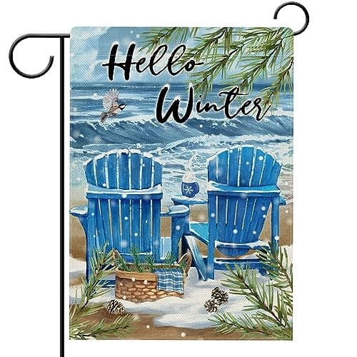  Hello Winter Blue Sea Chairs Garden Flag Double Sided, Beach Ocean Pine 12x18 2