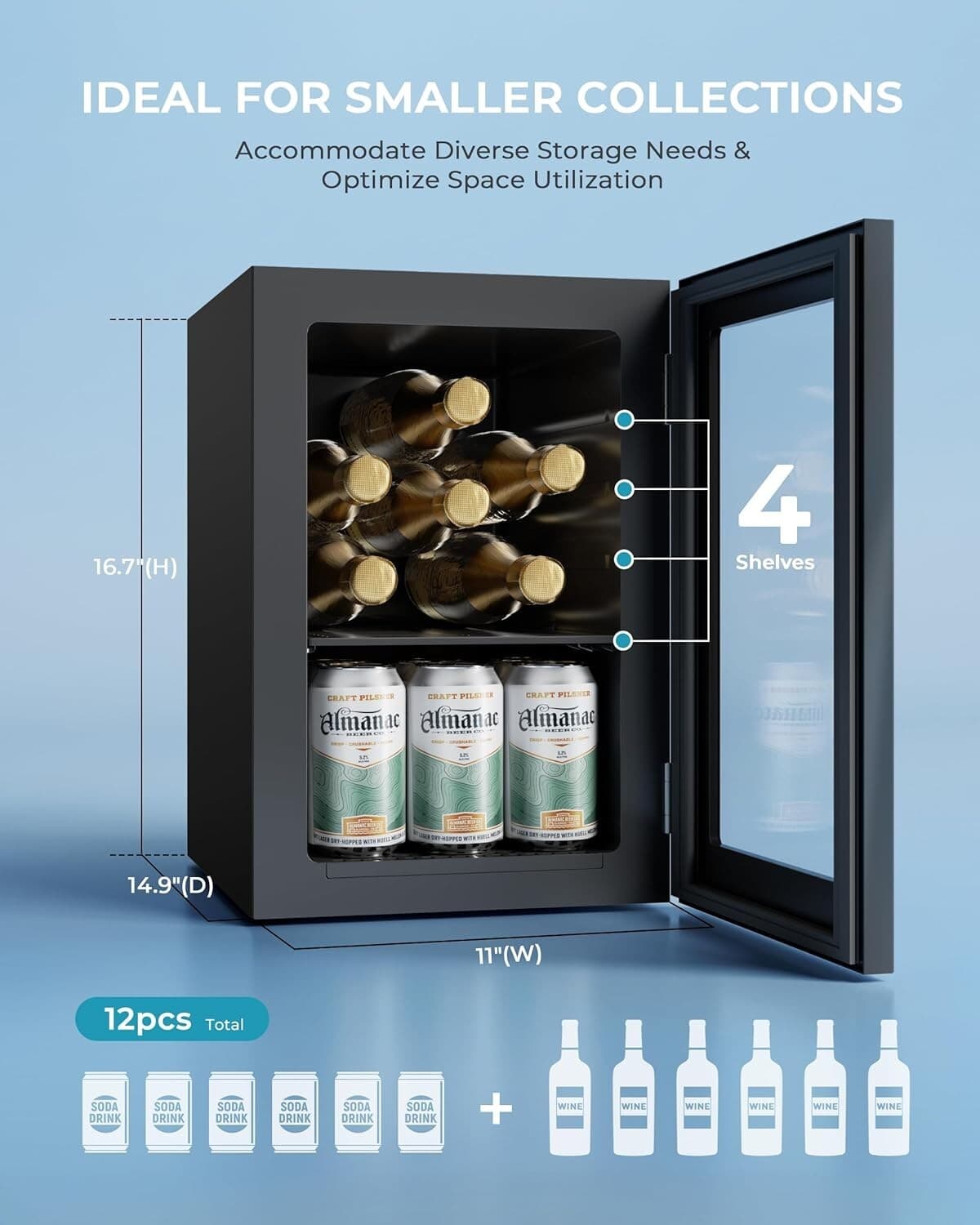 Whisper-Quiet 18L Wine and Beverage Cooler with Removable Shelves – 37°F-57°F 5