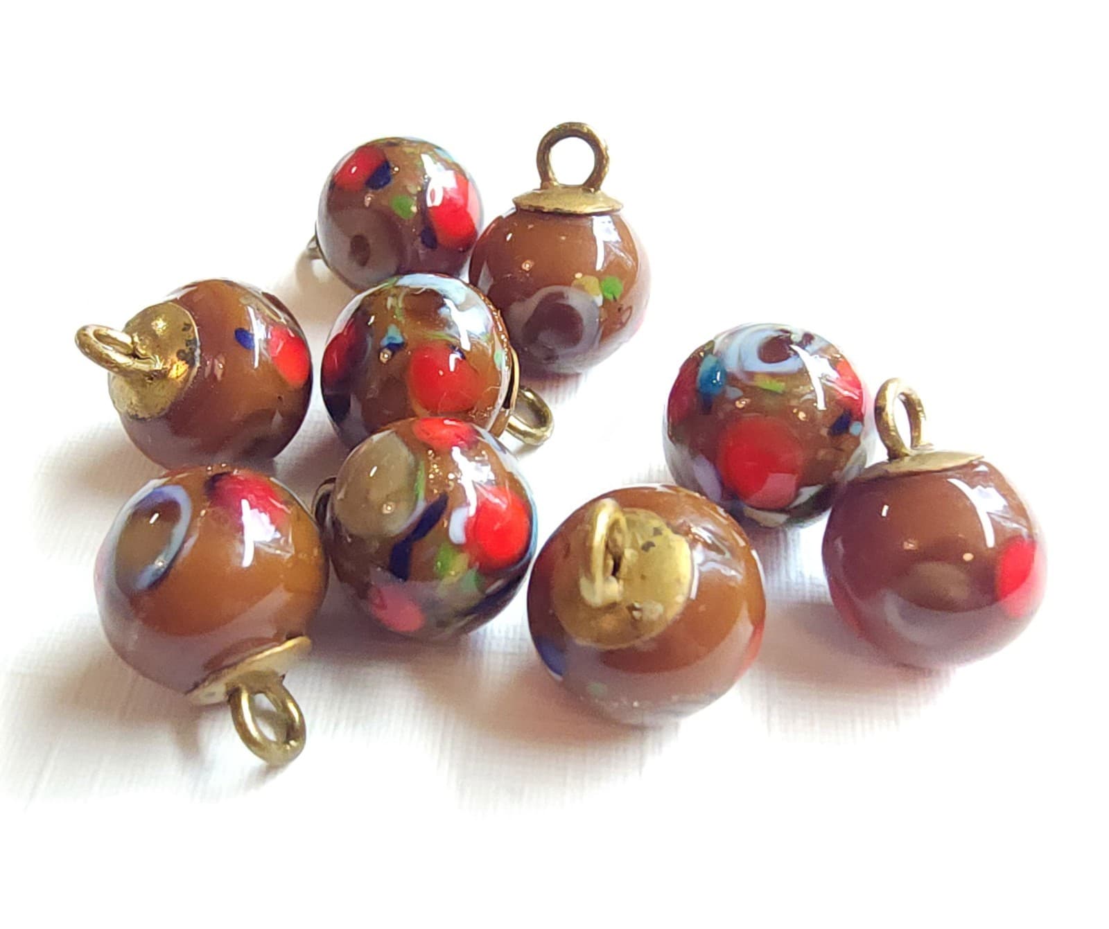 9 Antique Diminutive Brown Glass Ball Buttons w/ Colorful Inlays ~ under 3/8" 4