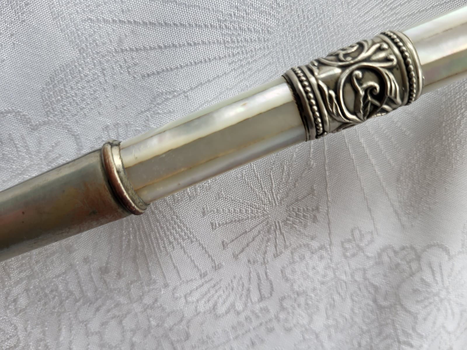 Antique Victorian German Silver Umbrella Parasol Cane Handle w Mother Of Pearl 3