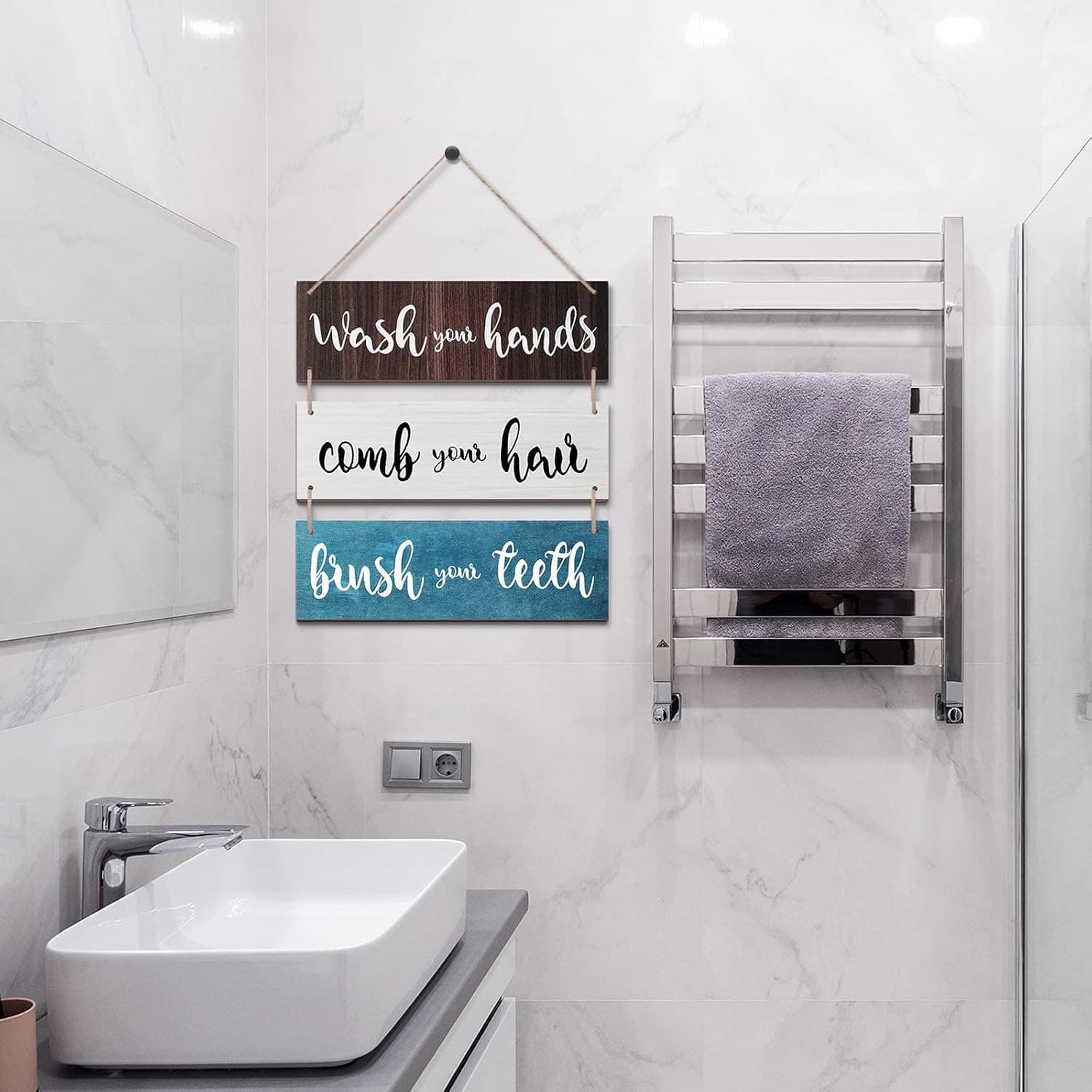 Bathroom Wall Art Rustic Wood Sign Funny Bath Rules Decor Brown White 6