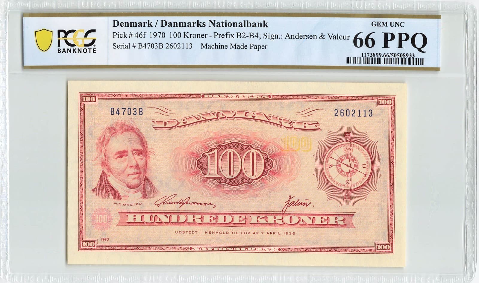 DENMARK 100 Kroner 1970, P-46f, PCGS 66 PPQ Gem UNC Uncirculated & Rare