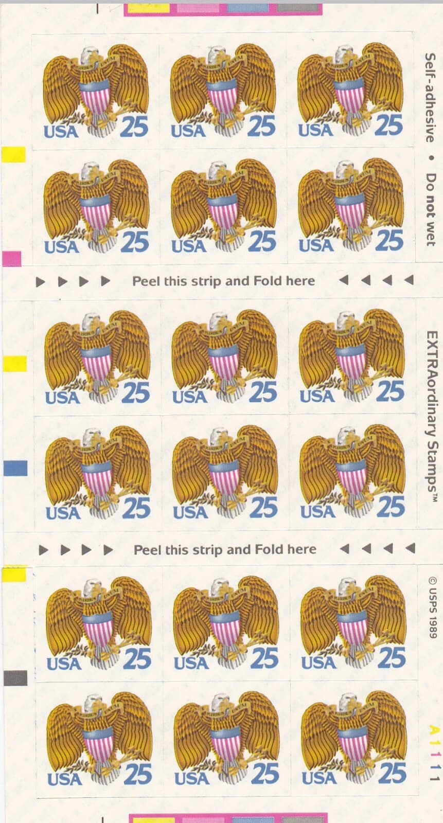 ONE U.S. BOOKLET PANE OF 18 SCOTT#2431a 1989 25ct EAGLE & SHIELD MNH P#A1111