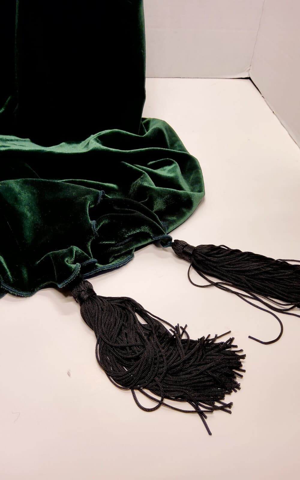 Vtg 80's Norma Walters Forest Green Velvet Scarf 4 Long Black Tassels 69" X 12" 4