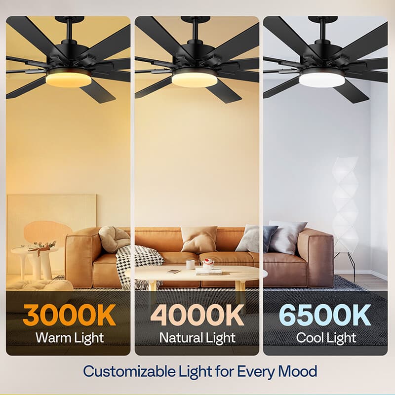 72'' Flush Mount LED Ceiling Fan with Light & Remote 6+1 Speeds, 3CCT, Dimmable 3