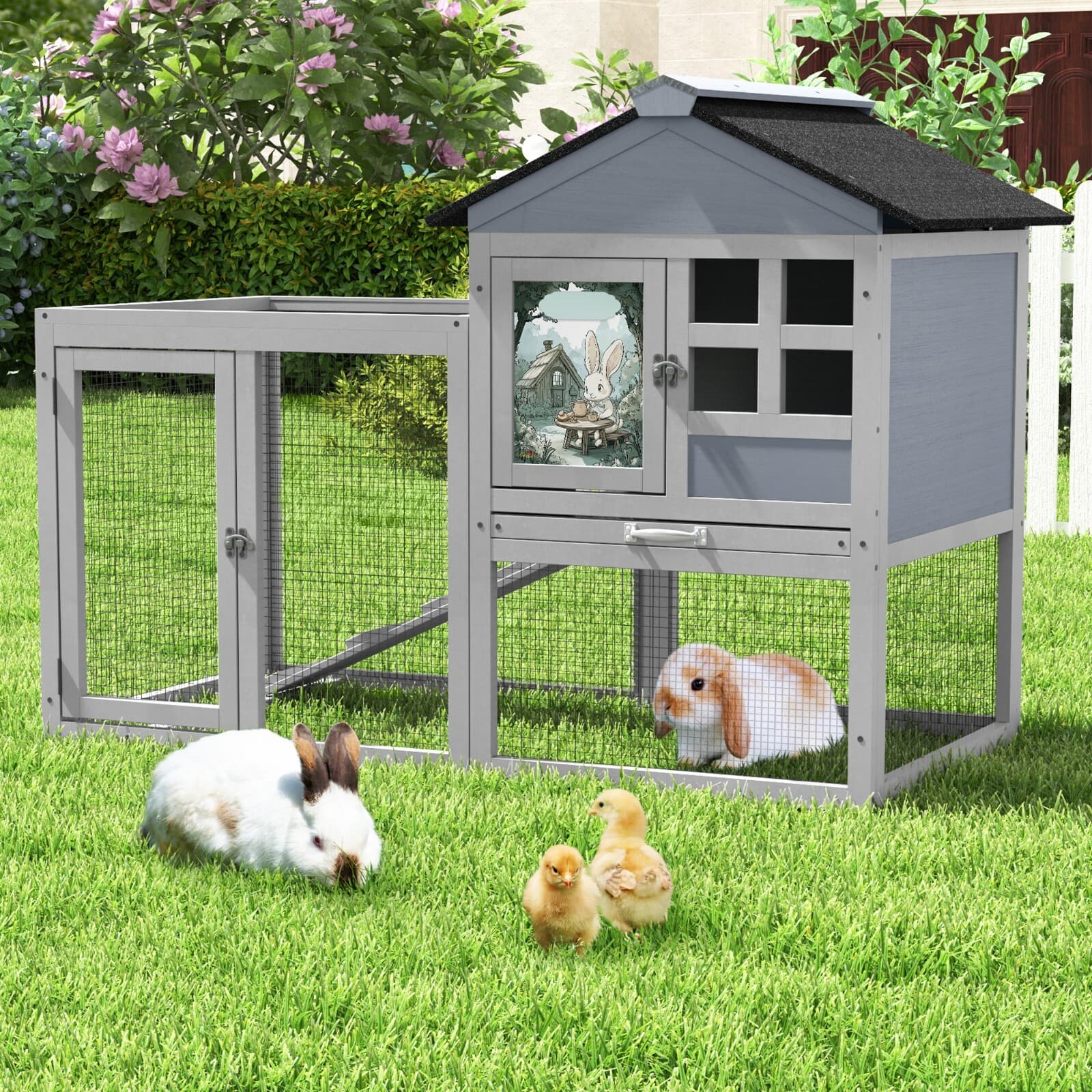 48"L Wooden Rabbit Hutch Large Chicken Coop W/ Removable Tray&Roof In/Outdoor