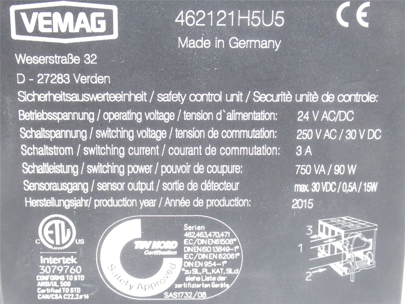 240017 New-No Box; Vemag 462121H5U5 Safety Relay Sensor; 250VAC Switching; 3A 2