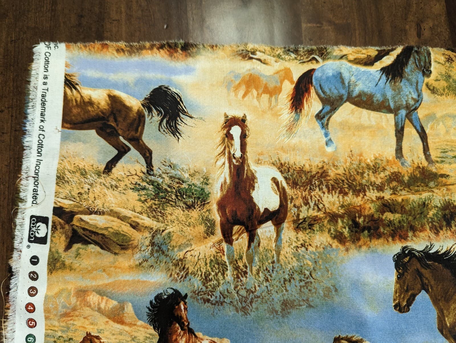 1Yd+15"/43" 100% Supima cotton woven Fab  "Horses in the Prairies"-NOT TOSS- NEW 5