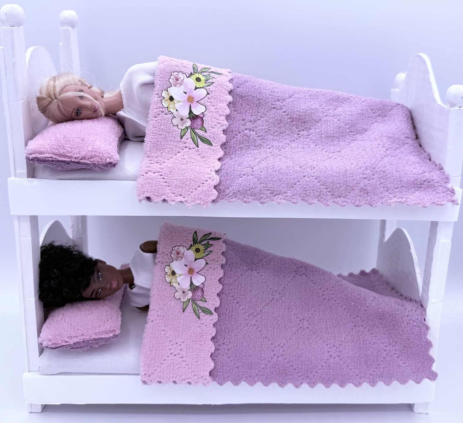 Fits Barbie Doll 4 Piece Fluffy FLORAL  BEDDING SET BUNKBEDS Blankets Pillows 4