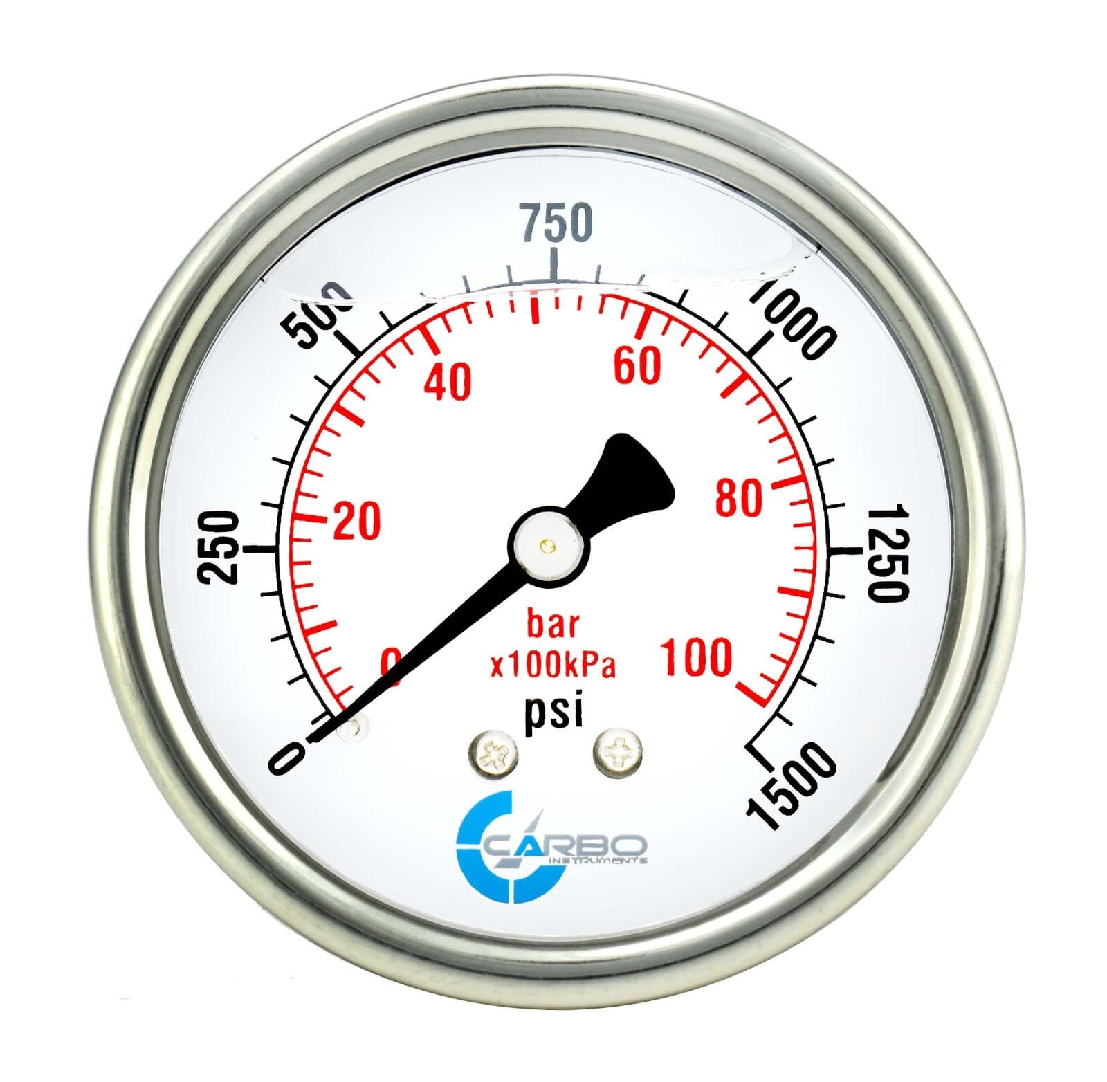 2" Pressure Gauge, Stainless Steel Case, Liquid Filled, Back Mnt, 1500 Psi