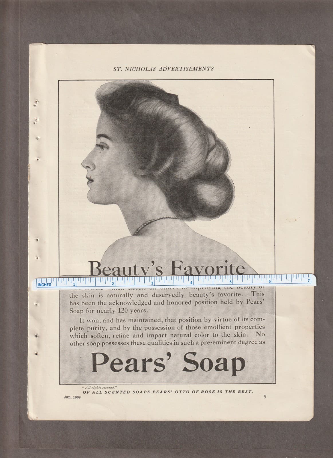 Vintage 1909 PEARS SOAP Magazine AD ~ BEAUTY'S FAVORITE ~ Otto of Rose