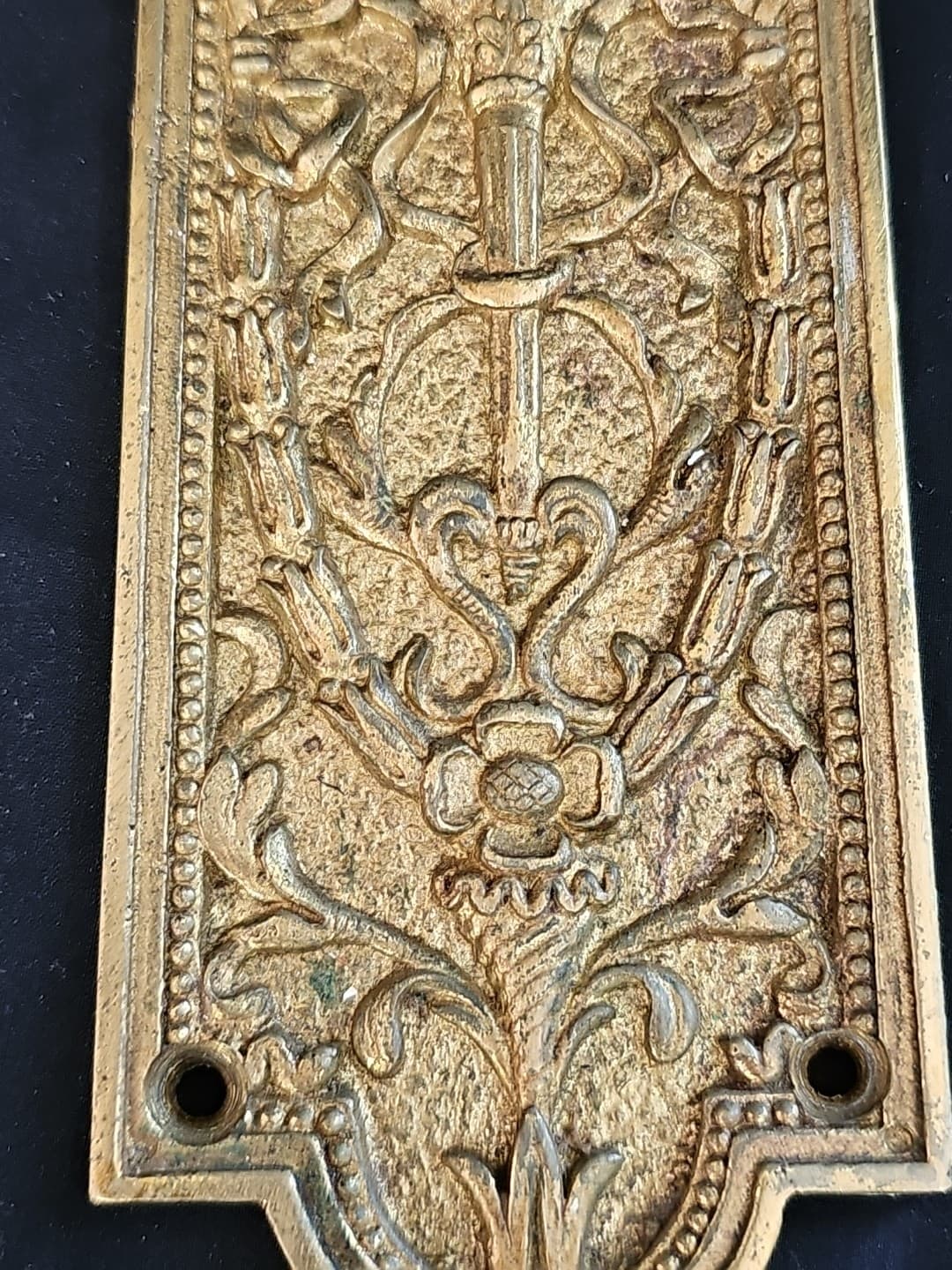 VTG Nice Patina Architectural Victorian Solid Brass Door Push Plate 10"x3" Torch 4