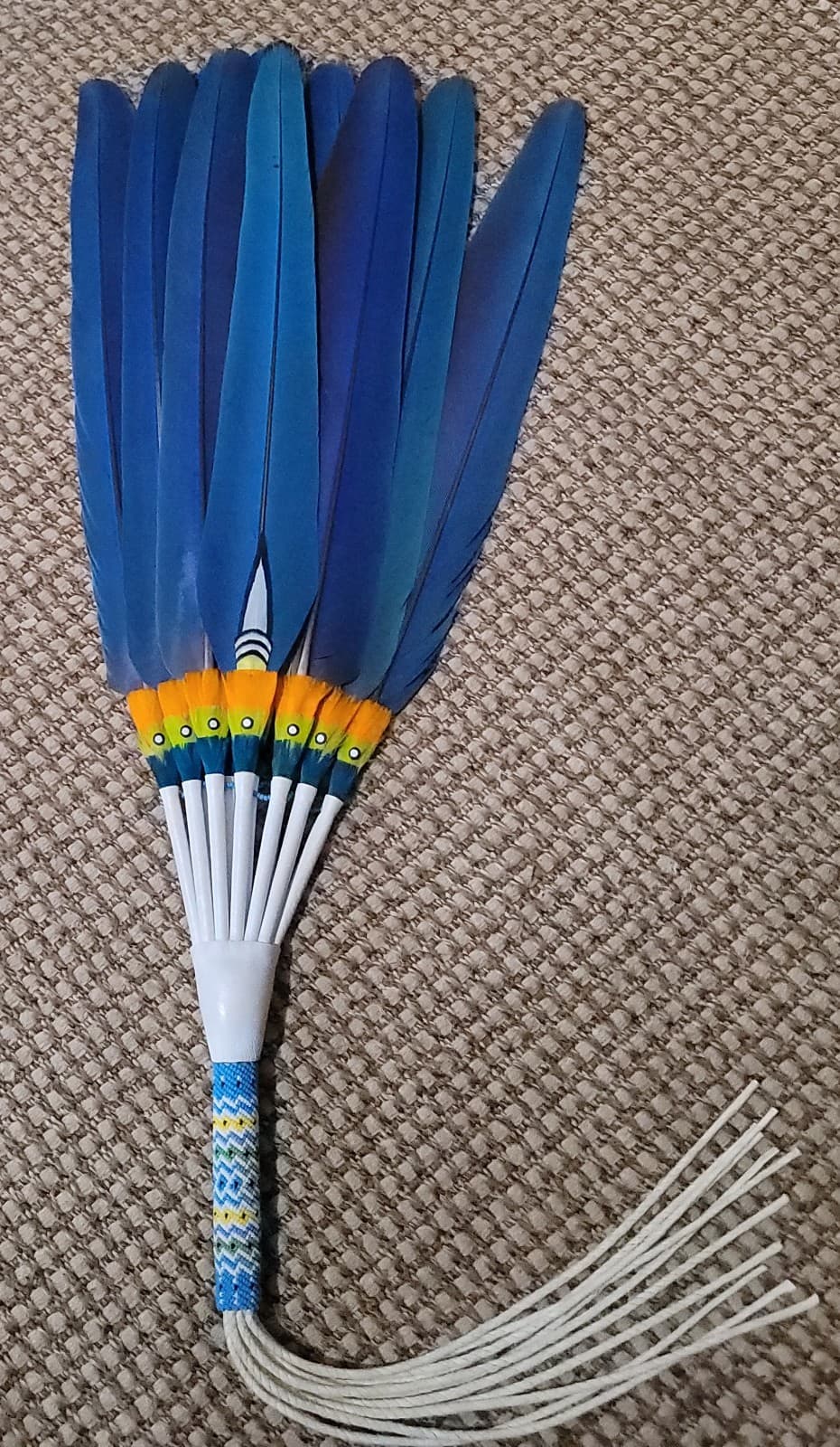 Native American Drop Fan Ceremonial Macaw Feathers Peyote Beadwork