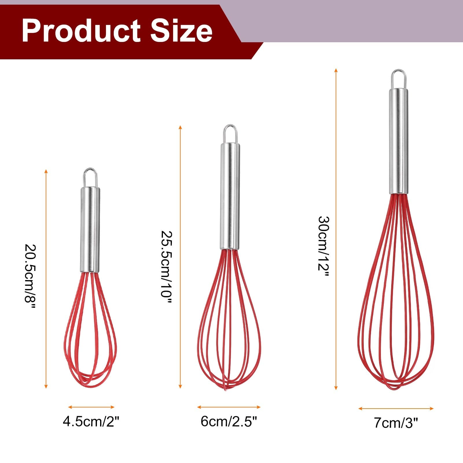 3Pcs Silicone Whisk 8" 10" 12" Kitchen Whisk Wire Whisks Beater Red 2