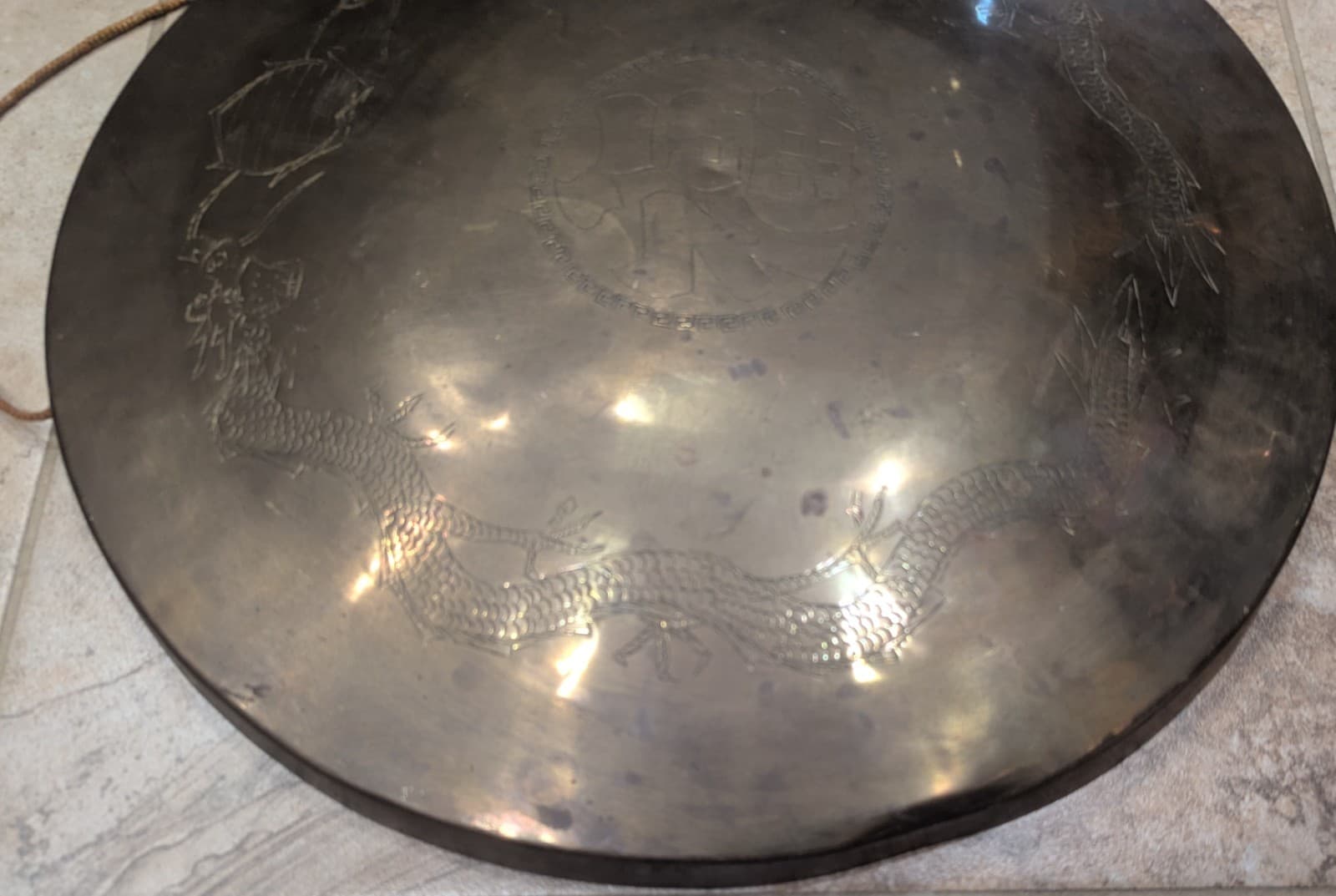 Large Brass Gong Engraved Two Dragons “Good Fortune” Hong Kong Vintage  3