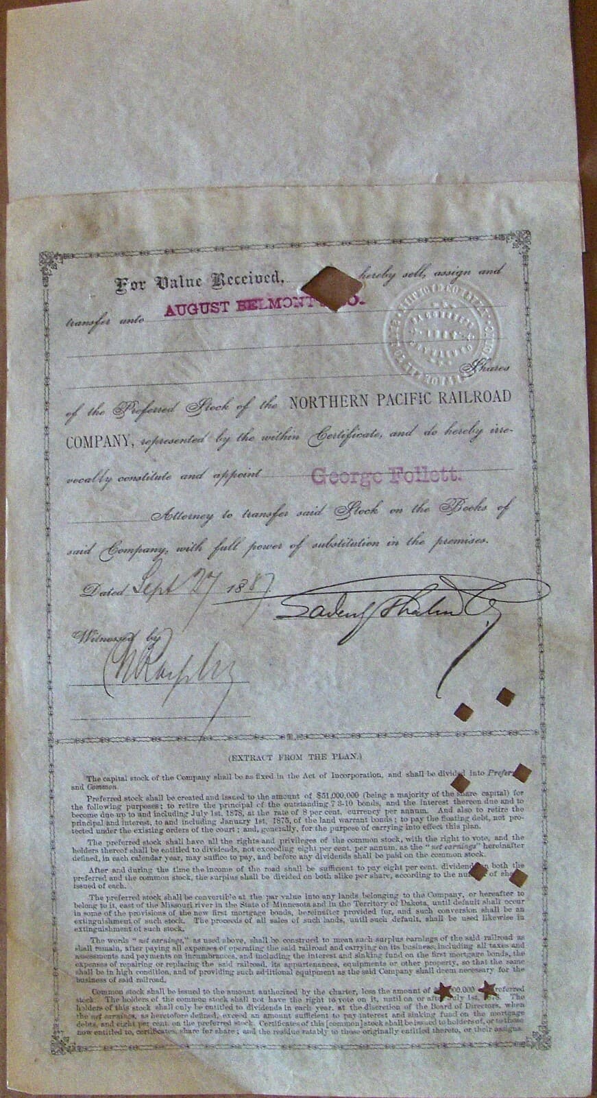 Northern Pacific Railroad Comp. stock certificate 1880s - 1890s green 100 Shares 2