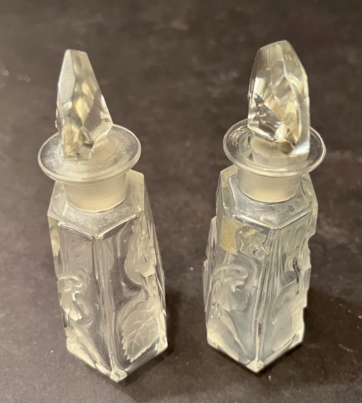 Antique Czechoslovakia Crystal Floral Etched Scent Perfume Cologne Bottle - Pair 6
