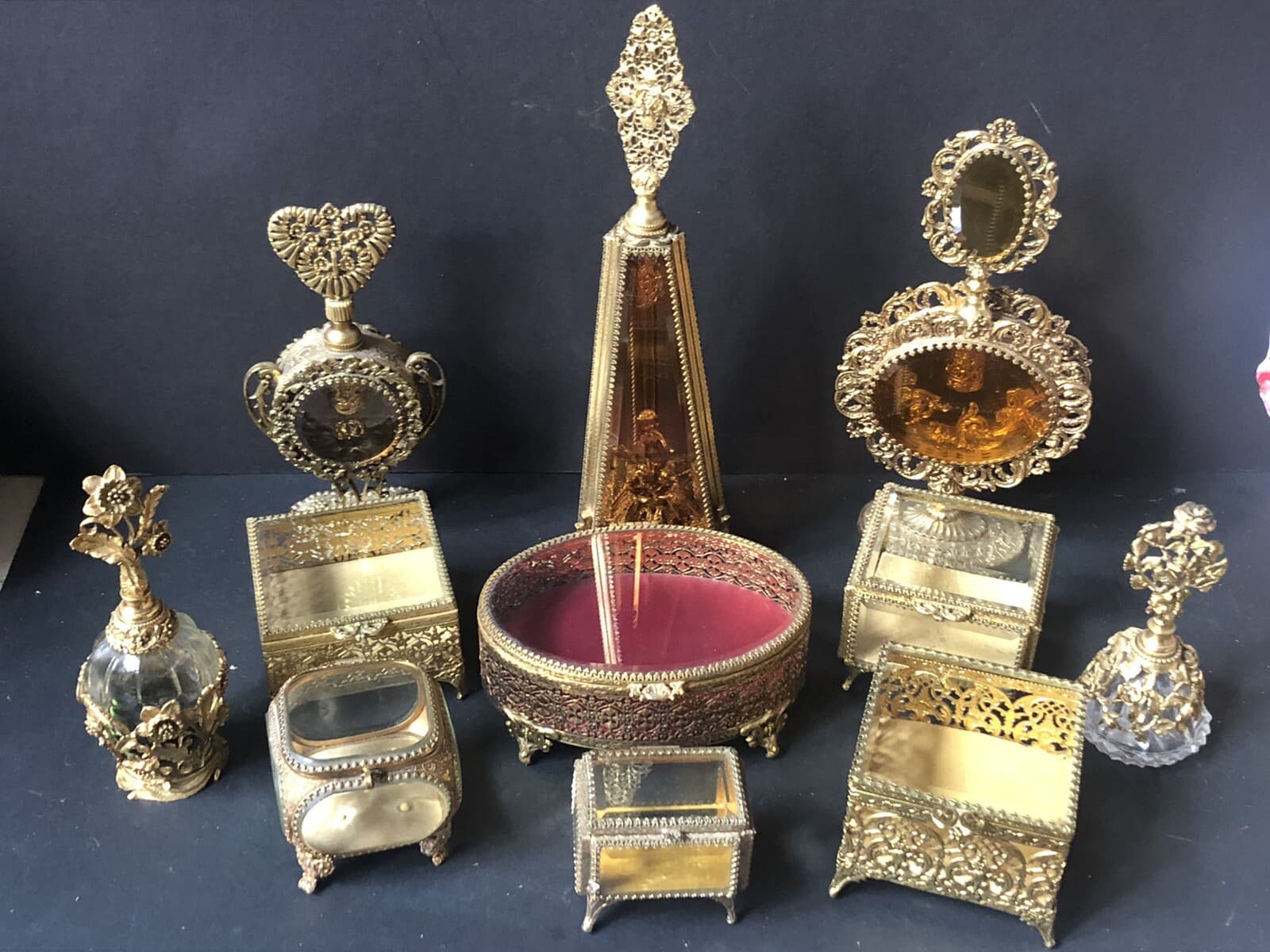 RARE! Vintage GOLD *CHERUB Perfume Bottle *AMBER GLASS VANITY Hollywood Antique 2