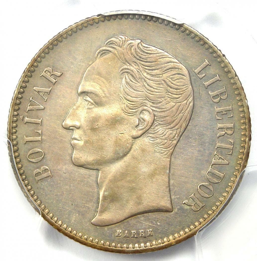 1879 Venezuela Republic 2 Bolivares Coin 2B - Certified PCGS AU Details - Rare!